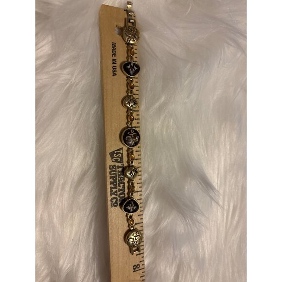 Gold-tone Vtg Scroll Charm Bracelet w/ Black Enamel, Yellow Crystal Accents 7.5” - Picture 7 of 11